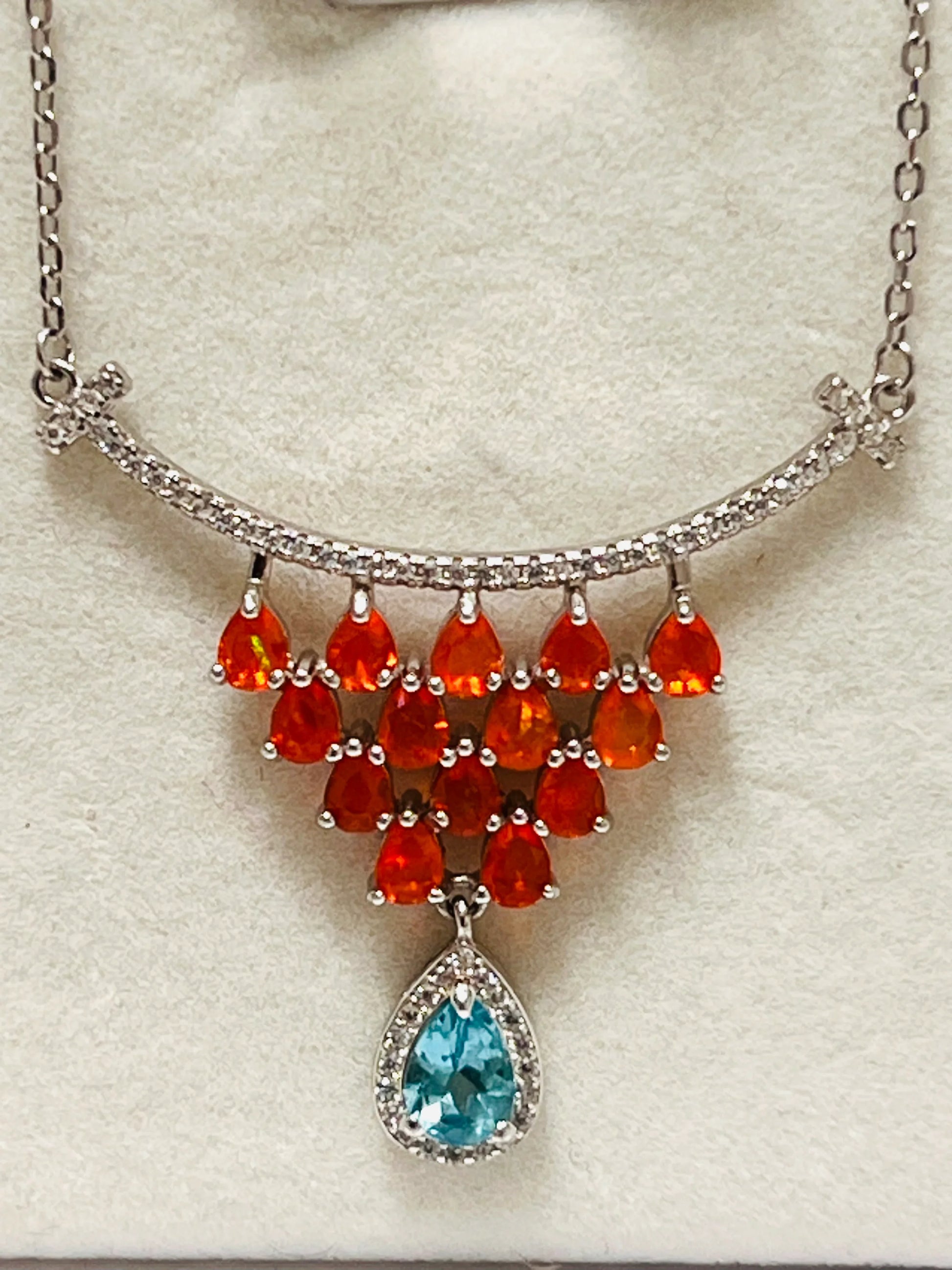 Fire Opal and Blue Topaz Sterling Silver Necklace and Earring Set
