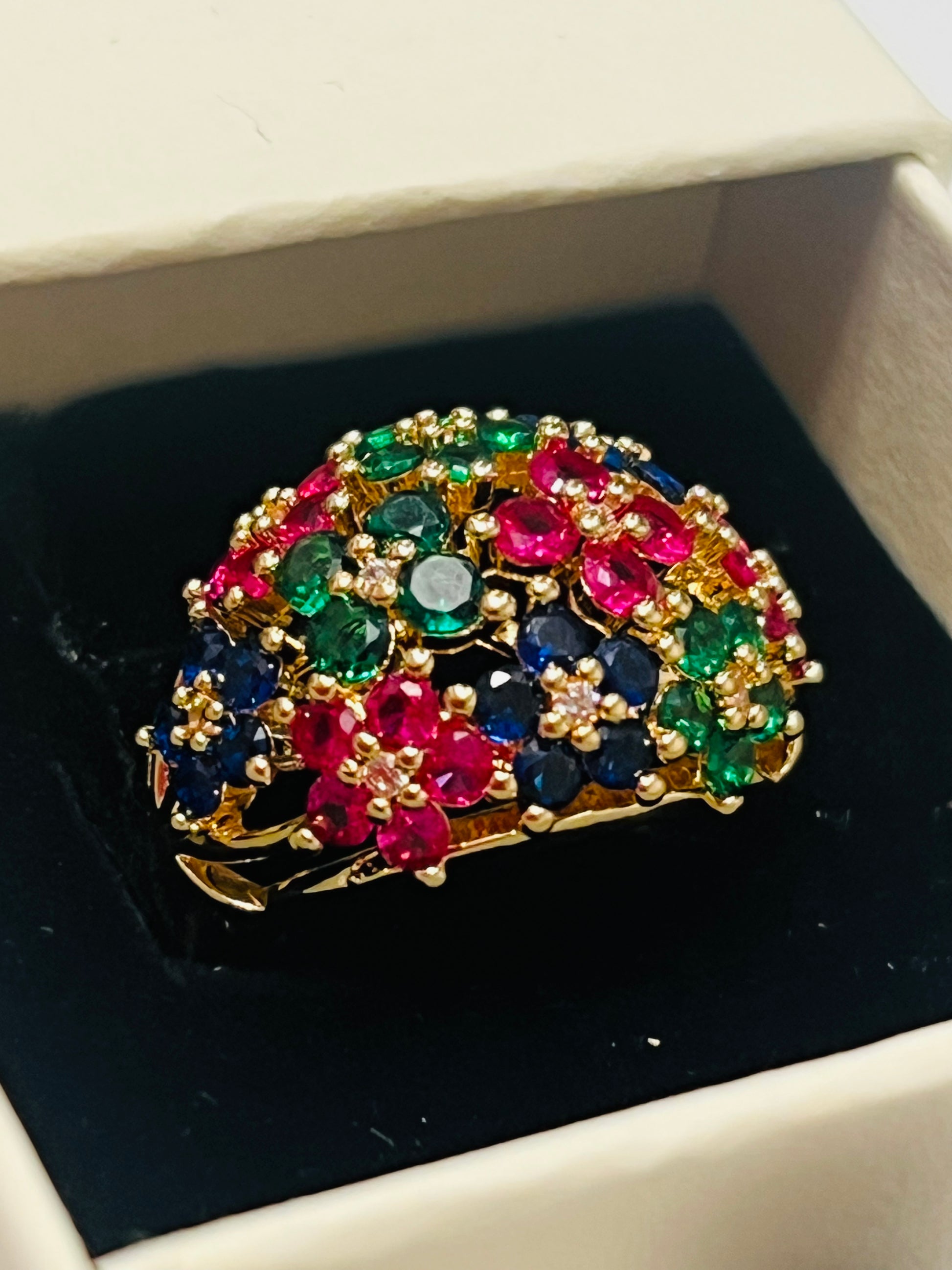 Vintage Inspired Gold Filled Floral Cluster Ring – Ruby Emerald Sapphire Multicolor Gemstone Ring