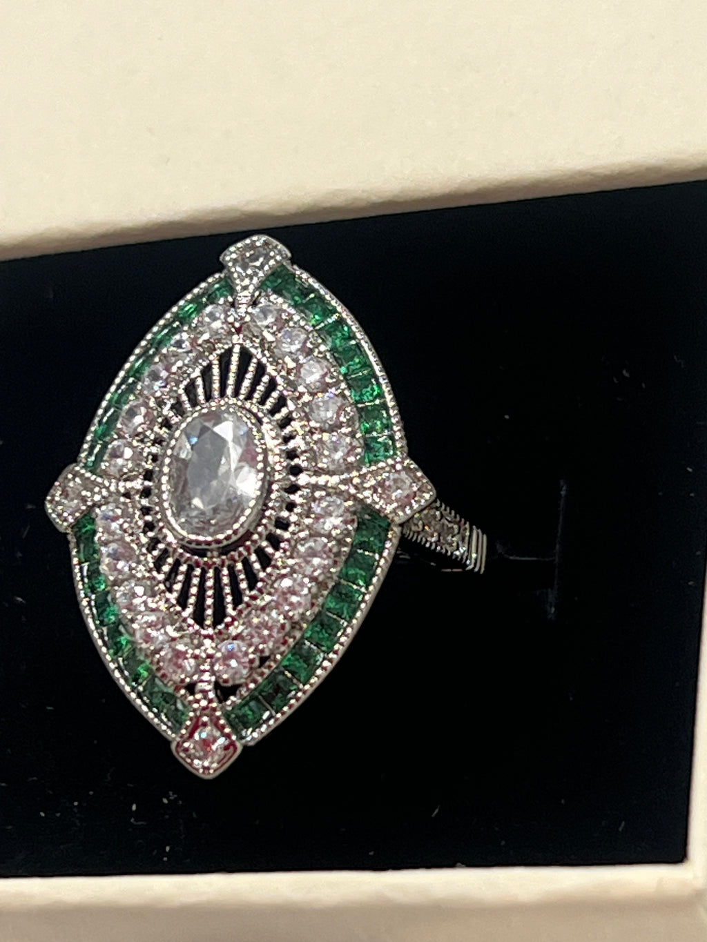 Art deco vintage inspired Ring with emerald and diamonds