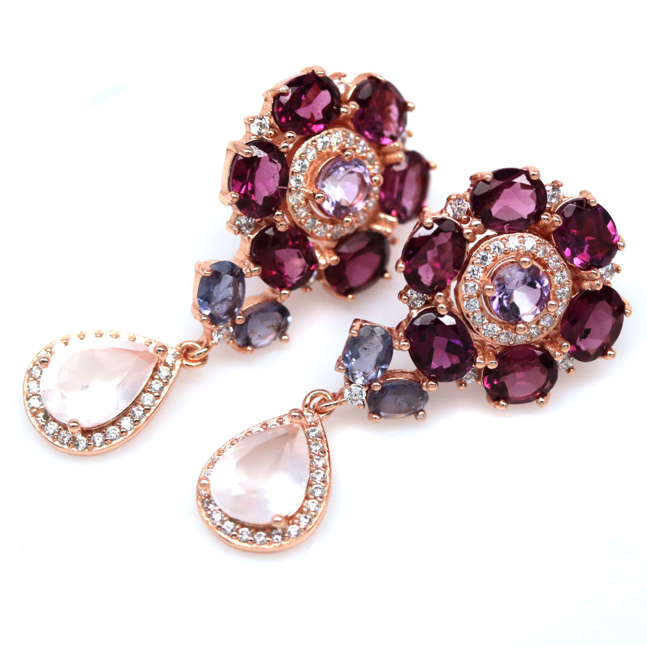 Handmade Rhodolite & Rose Quartz Floral Drop Earrings