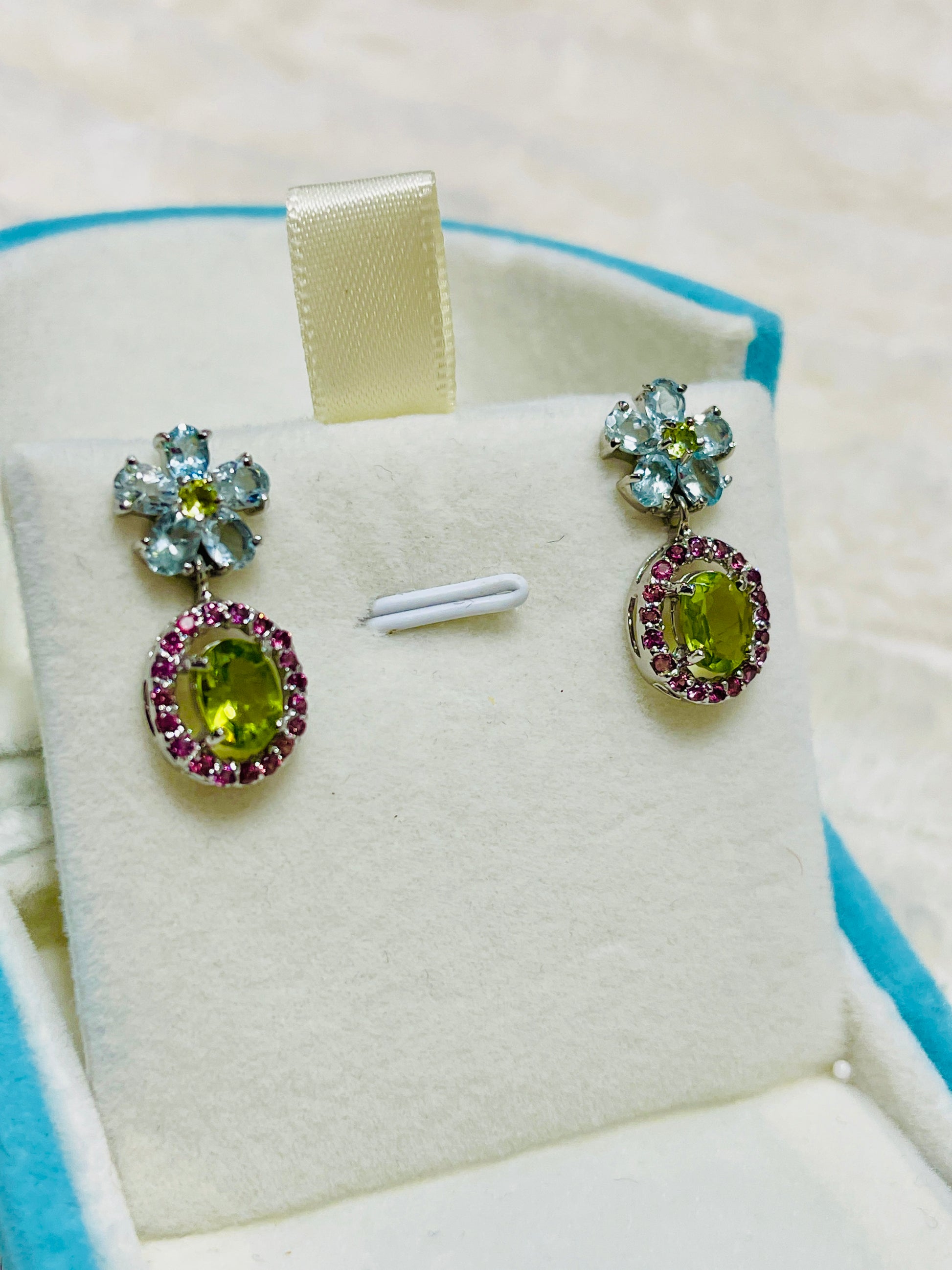 “Spring Bloom” Artisan Made Genuine  Peridot & Sapphire Floral Earrings – One of a Kind