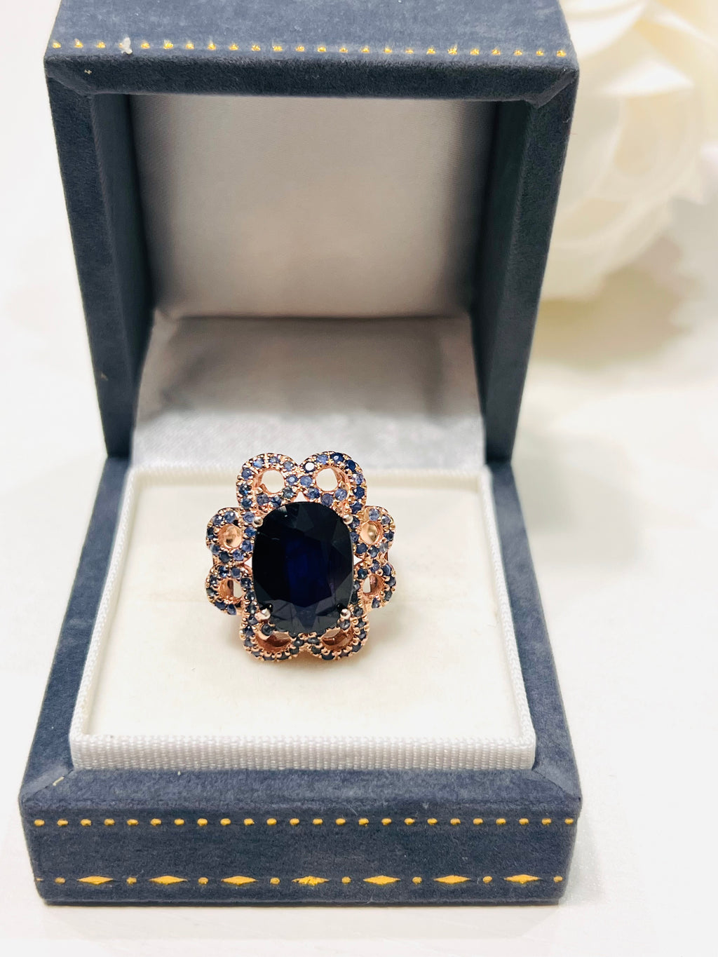 Oval Blue Sapphire Floral Ring with Rose Gold embraced Sterling silver
