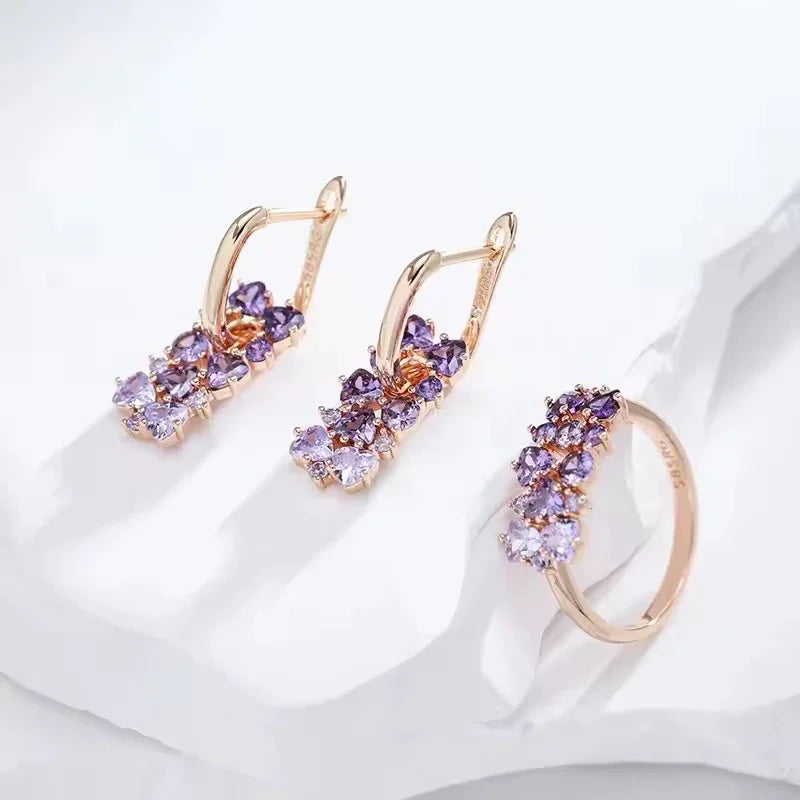 14K Rolled Gold Amethyst Jewelry Set | Ombre Waterfall Necklace, Earrings & Ring