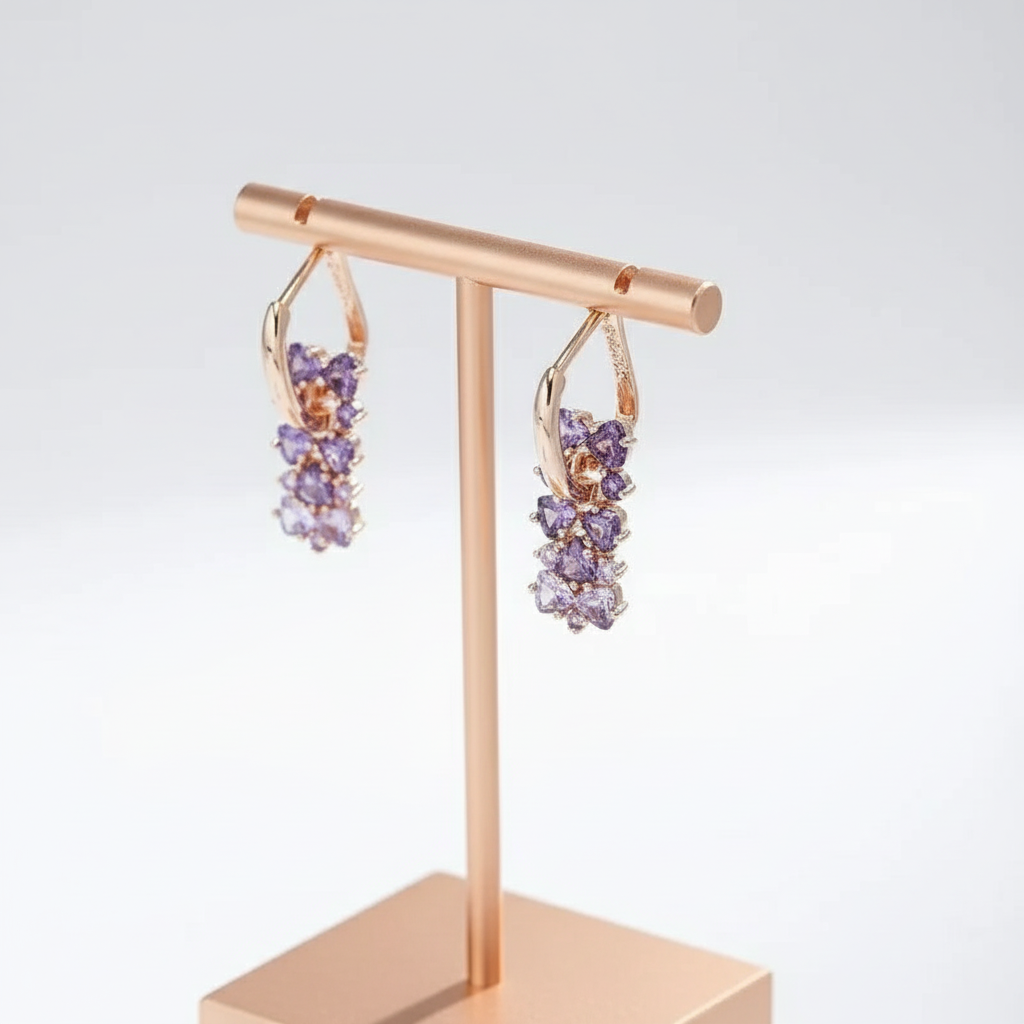 14K Rolled Gold Amethyst Jewelry Set | Ombre Waterfall Necklace, Earrings & Ring