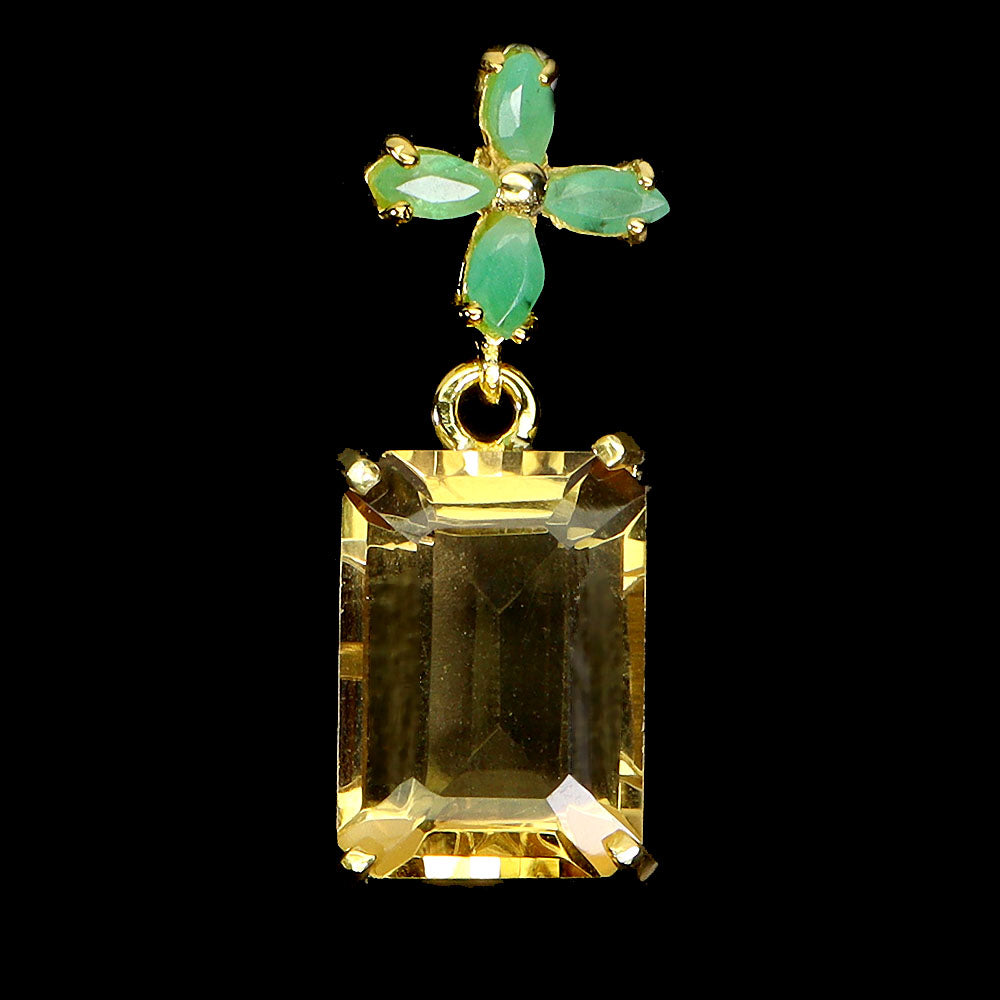 Citrine Pendant with Emerald Flower in Yellow Gold Vermeil