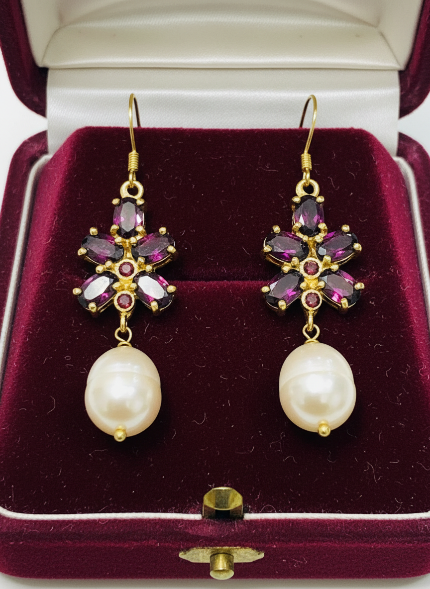 Handmade Rhodolite Garnet and Pearl Earrings