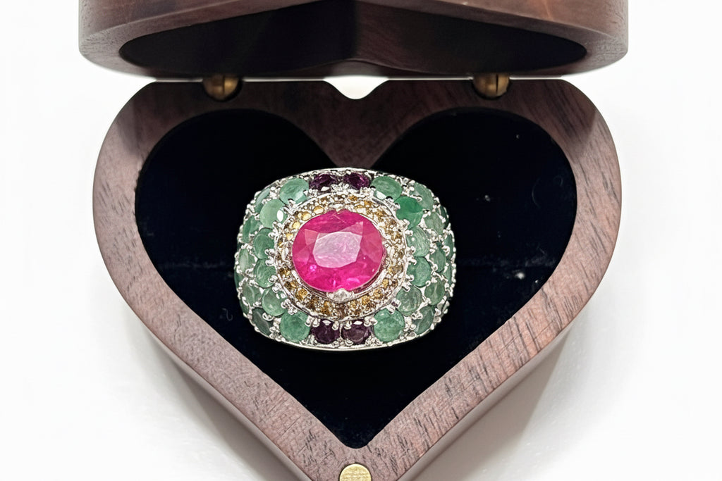 Handmade Peacock Ring with genuine Rubies and Emerald