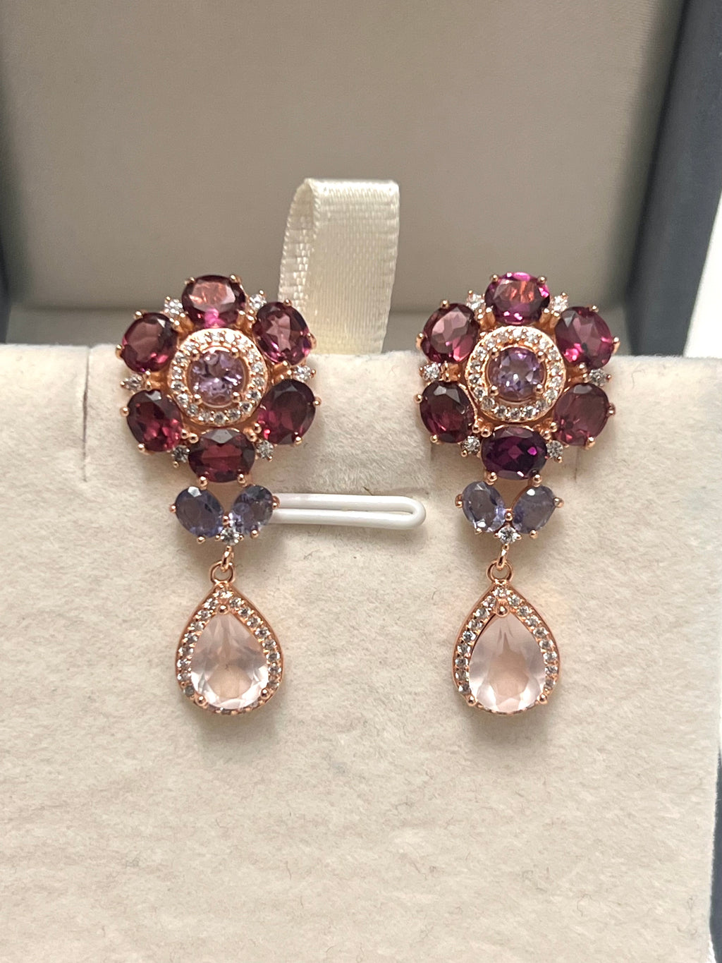 Handmade Rhodolite & Rose Quartz Floral Drop Earrings