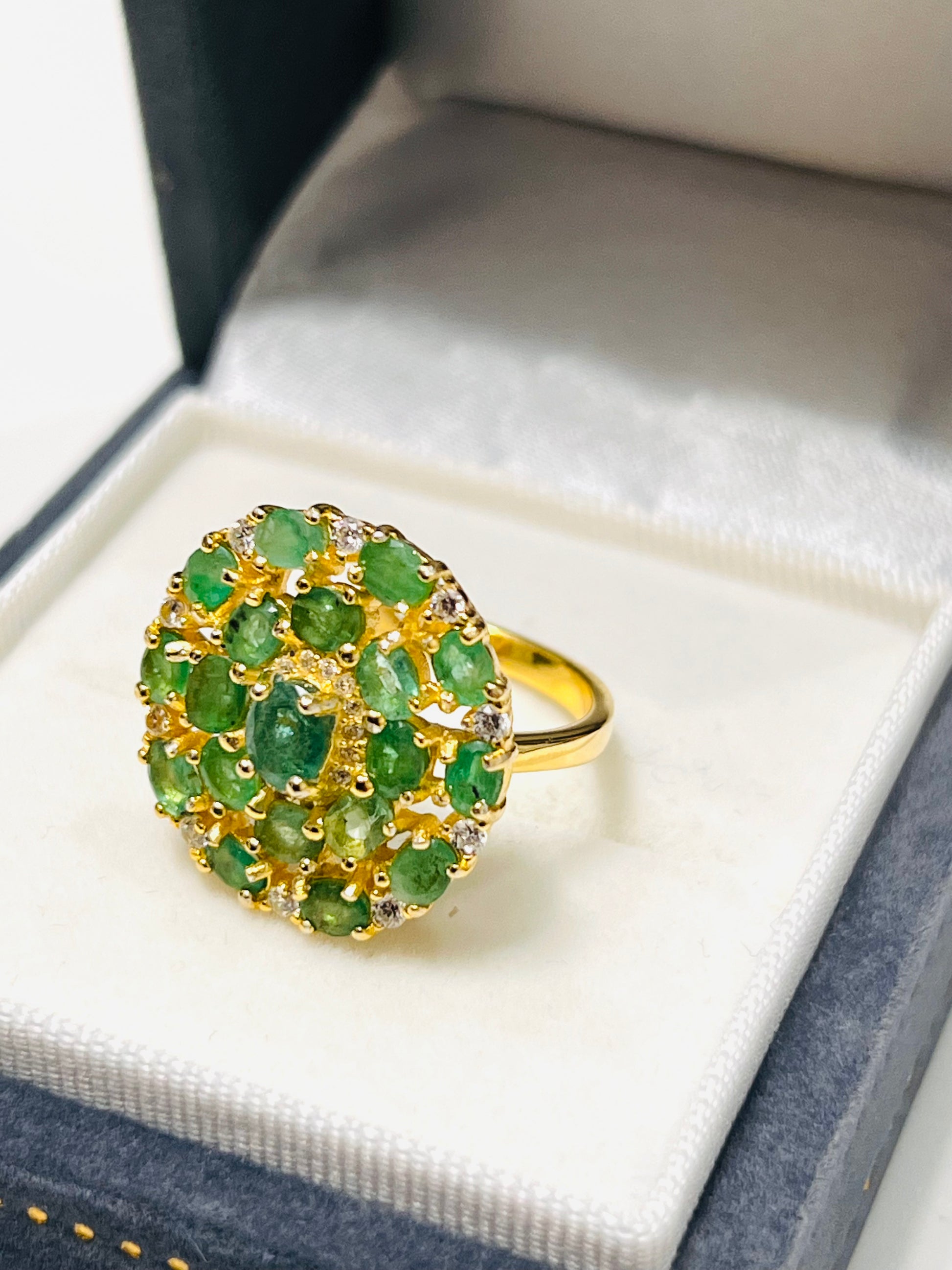 Genuine Emerald & White Sapphires Flower Cluster Ring – 18K Gold Plated