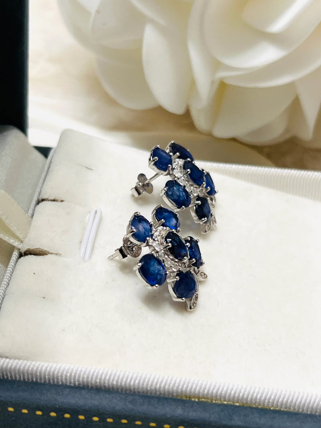 Handmade Corn Blue Sapphire Floral Earrings