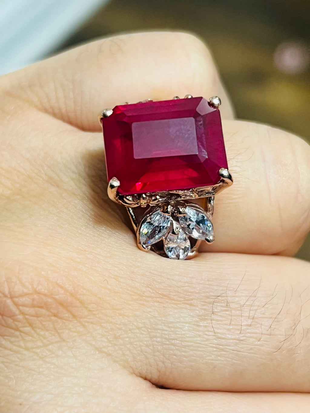 12.8 CTW Handmade Emerald Cut Ruby Solitaire Ring in 14k Gold vermeil over 925S