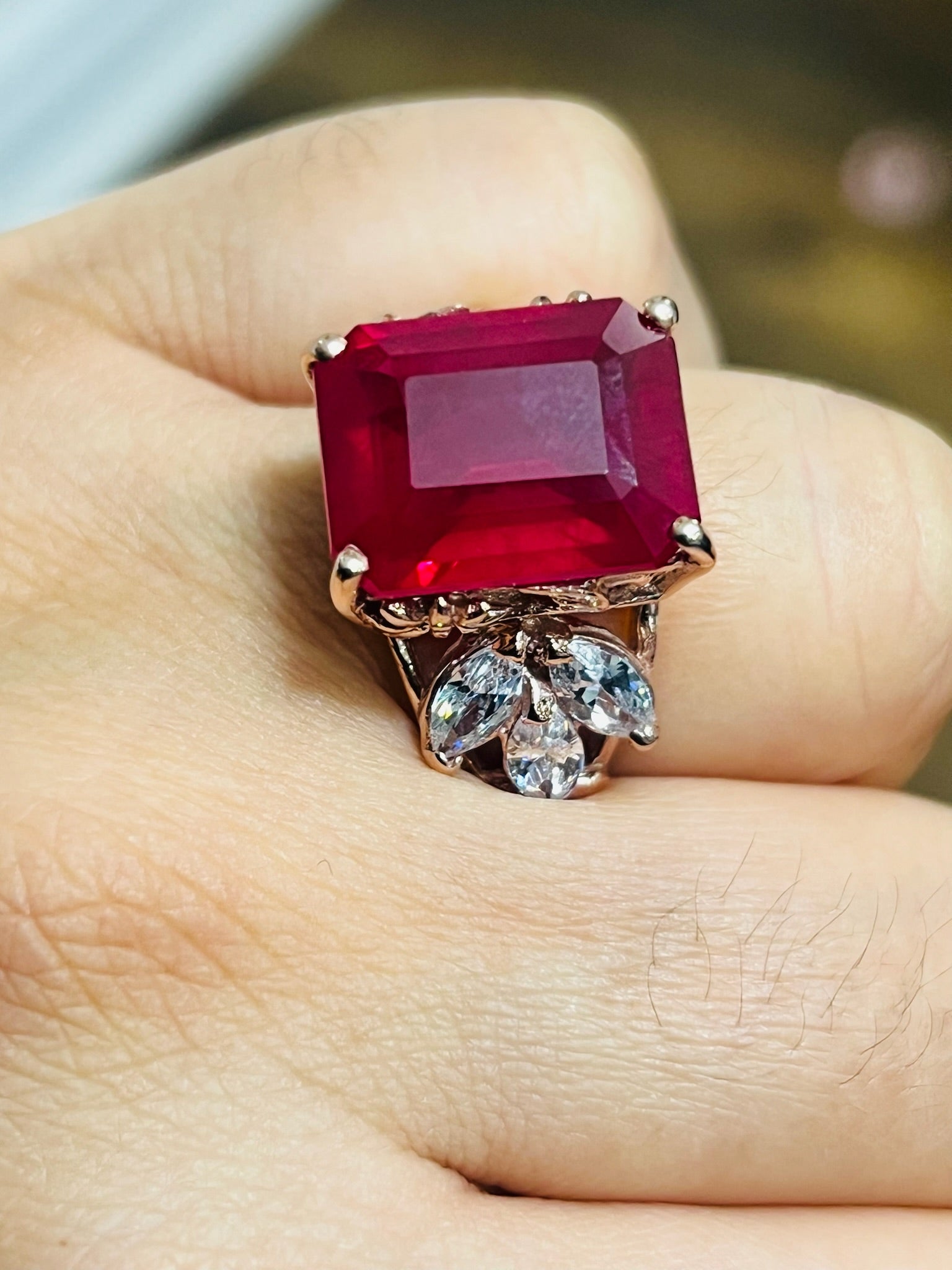 12.8 CTW Handmade Emerald Cut Ruby Solitaire Ring in 14k Gold vermeil over 925S