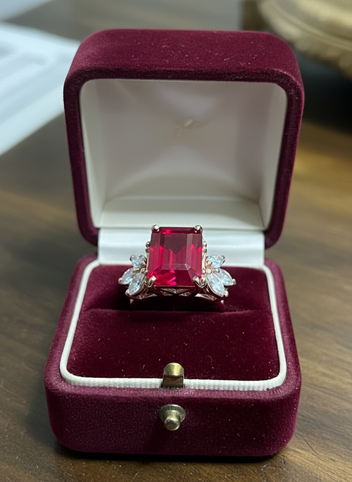 12.8 CTW Handmade Emerald Cut Ruby Solitaire Ring in 14k Gold vermeil over 925S