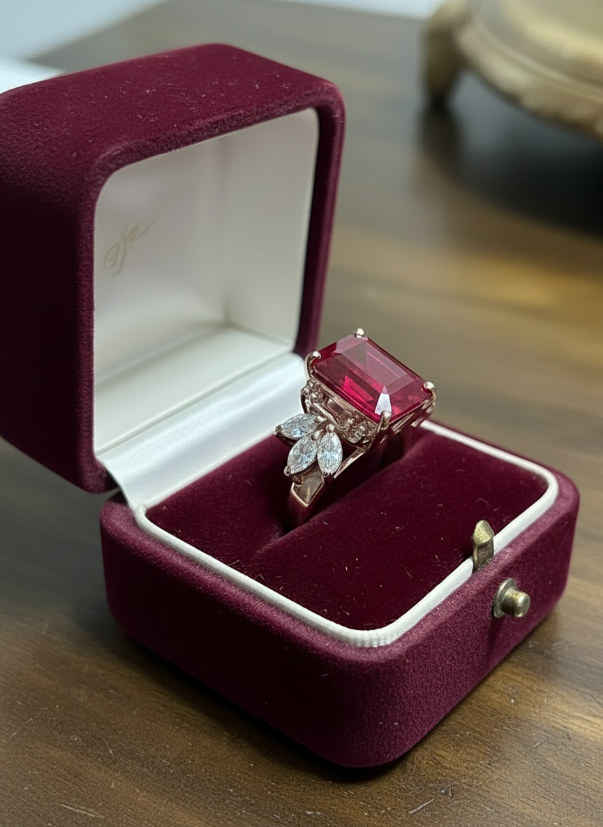 12.8 CTW Handmade Emerald Cut Ruby Solitaire Ring in 14k Gold vermeil over 925S