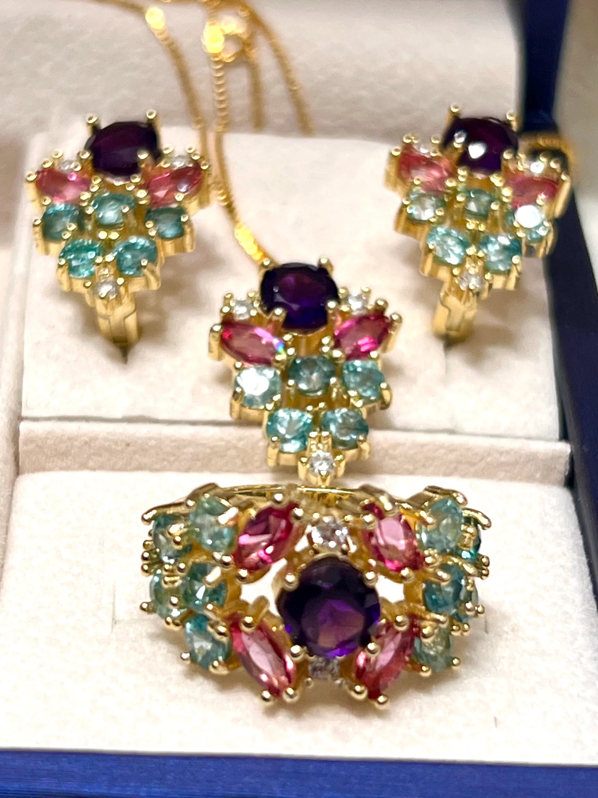 Handmade Amethyst, Paraíba Tourmaline & Pink Sapphire Jewelry Set – 18K Gold Plated Sterling Silver