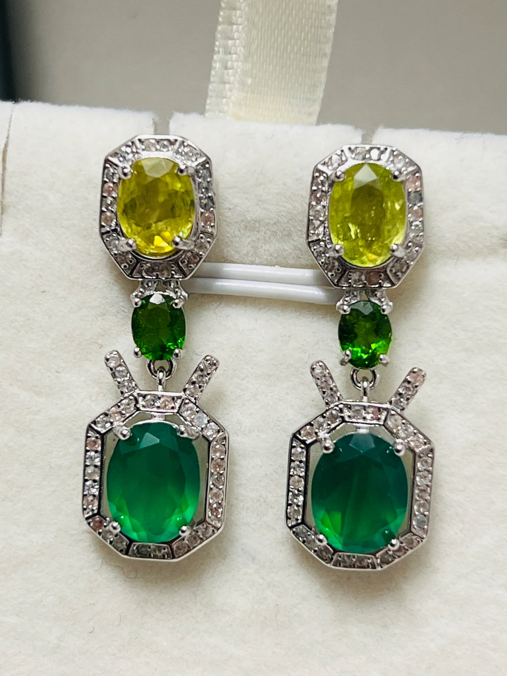 Handmade Emerald, Peridot, Chrome Diopside & Cubic Zirconia Earrings