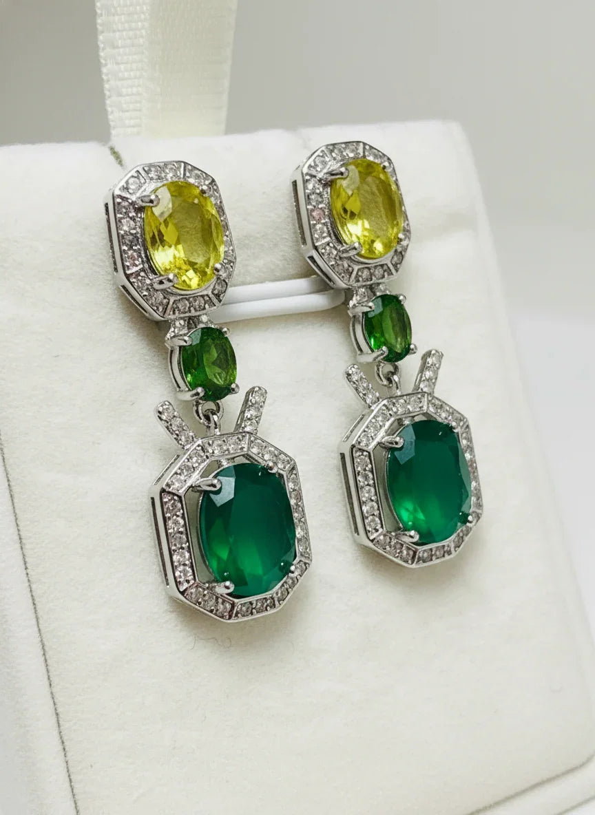 Handmade Emerald, Peridot, Chrome Diopside & Cubic Zirconia Earrings