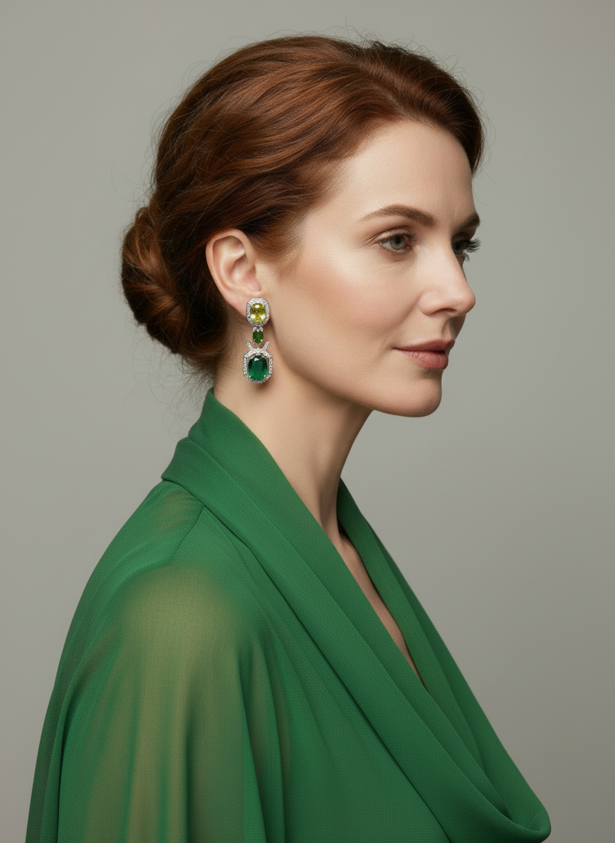 Handmade Emerald, Peridot, Chrome Diopside & Cubic Zirconia Earrings