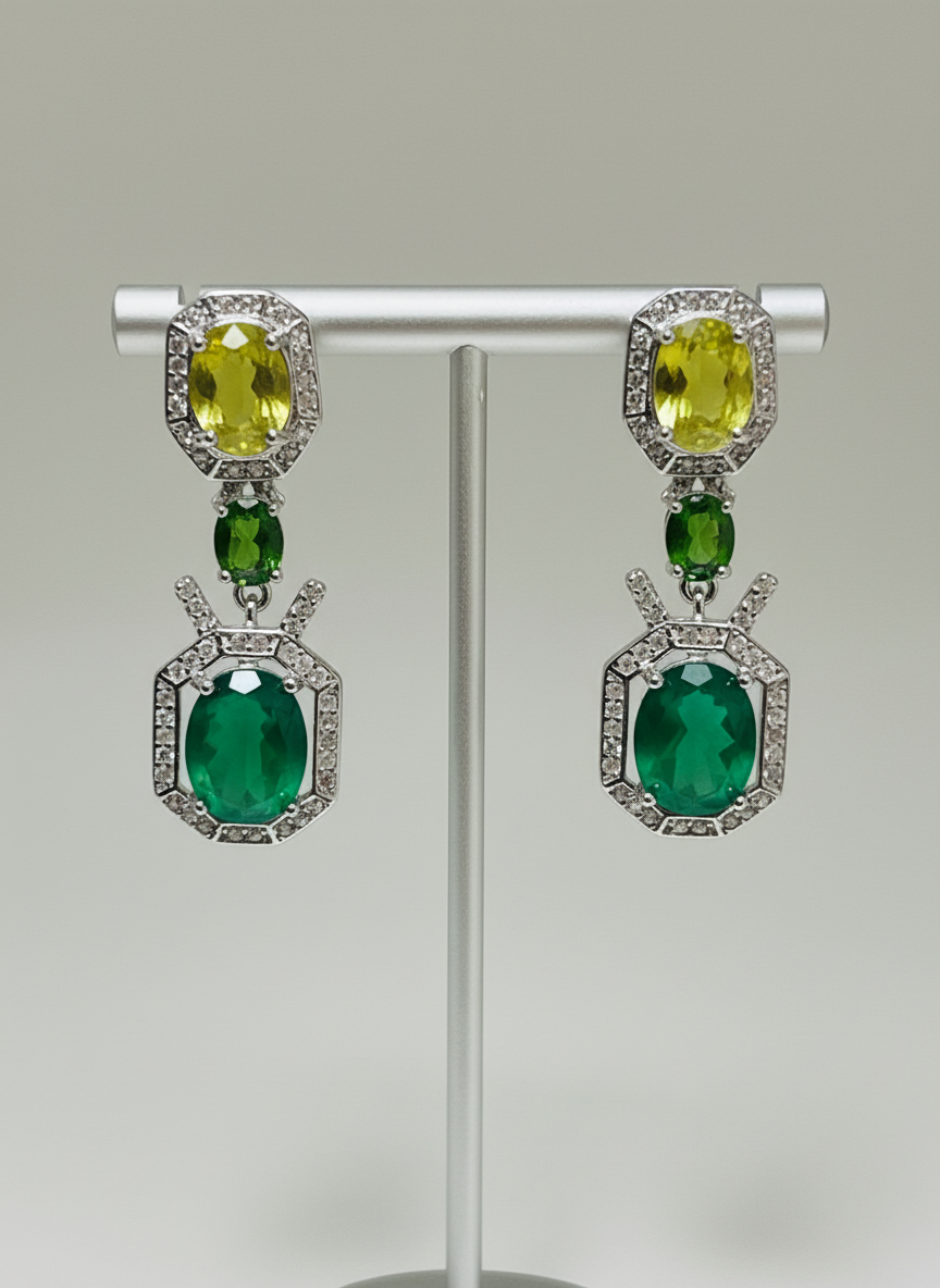 Handmade Emerald, Peridot, Chrome Diopside & Cubic Zirconia Earrings
