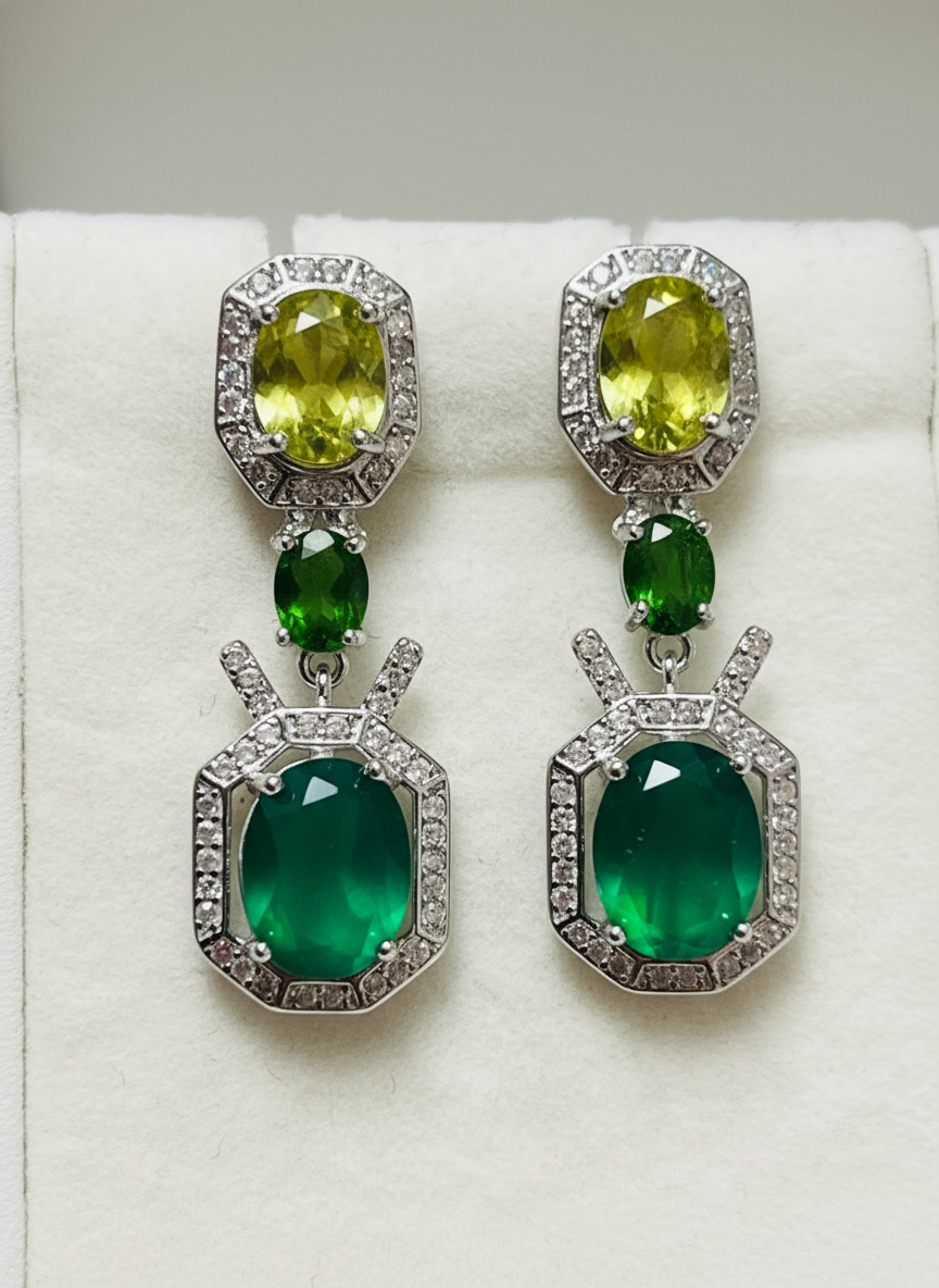 Handmade Emerald, Peridot, Chrome Diopside & Cubic Zirconia Earrings