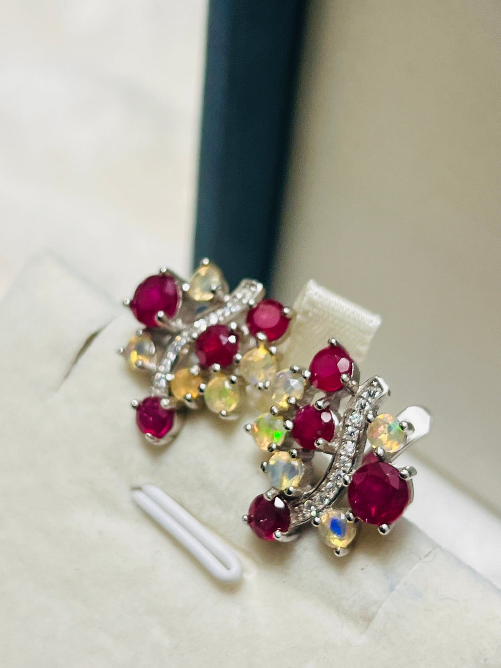 Handmade Burmese Ruby and Welo Ethiopian Fire Opal Earrings