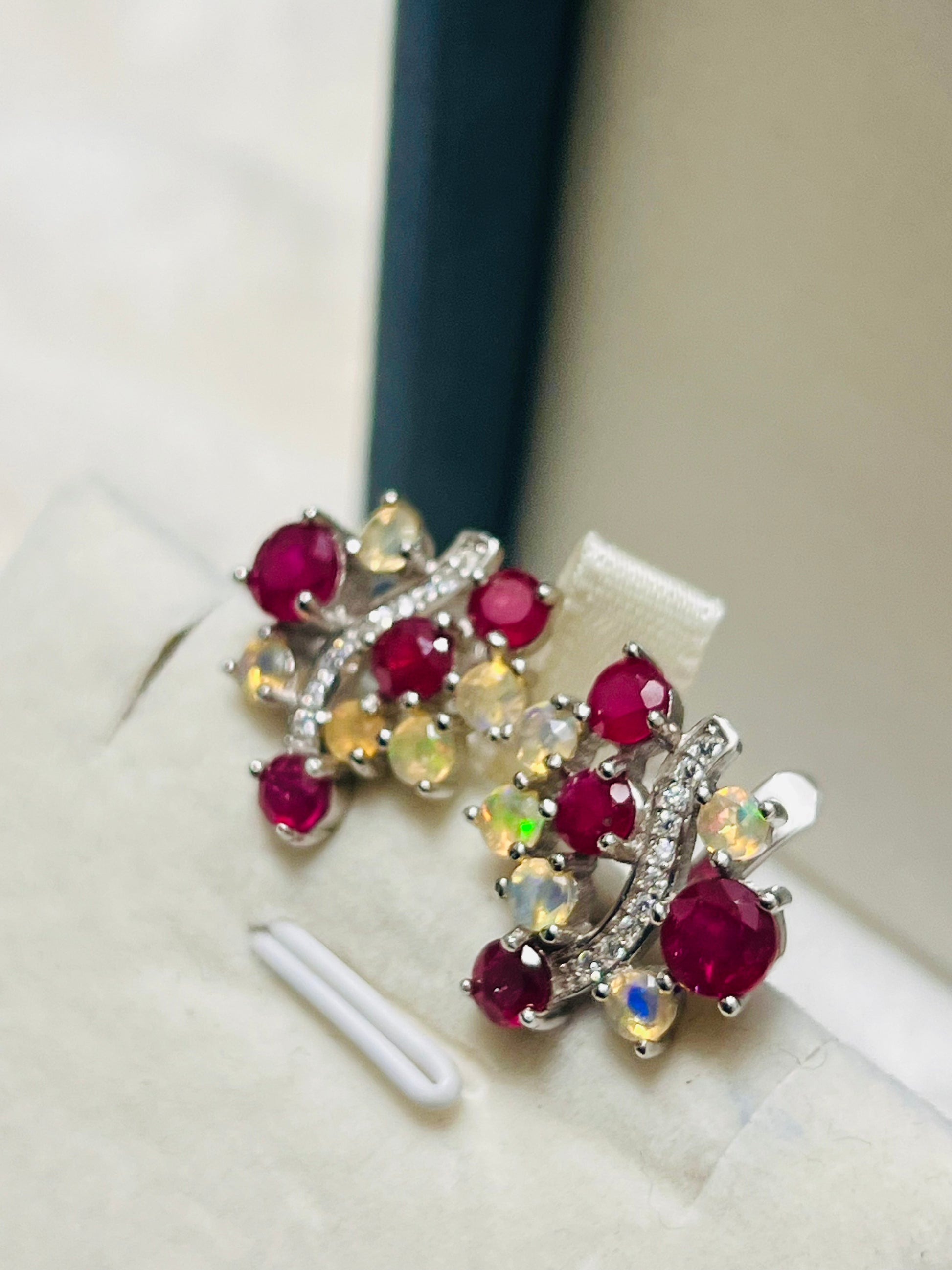 Handmade Burmese Ruby and Welo Ethiopian Fire Opal Earrings