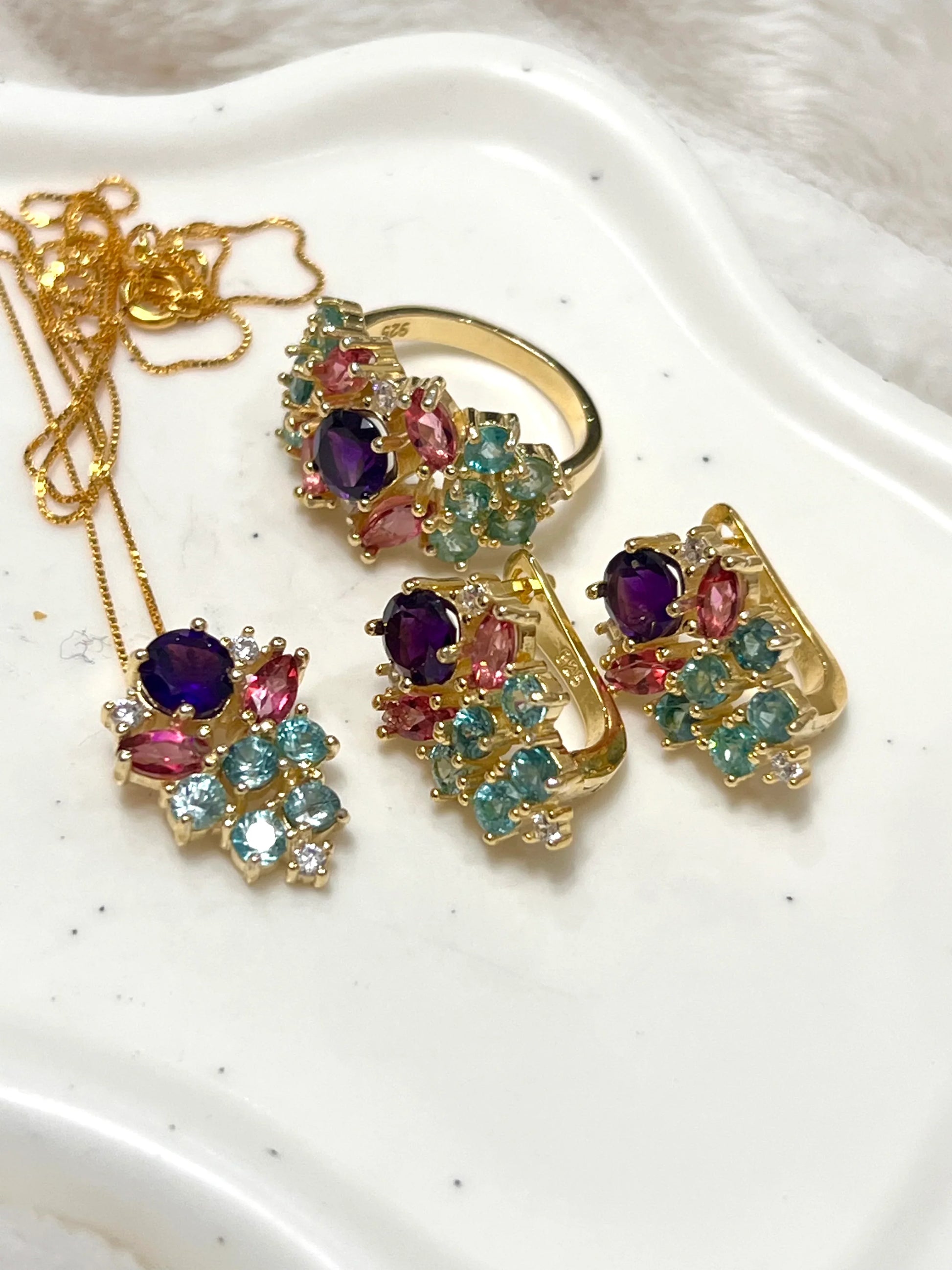 Handmade Amethyst, Paraíba Tourmaline & Pink Sapphire Jewelry Set – 18K Gold Plated Sterling Silver