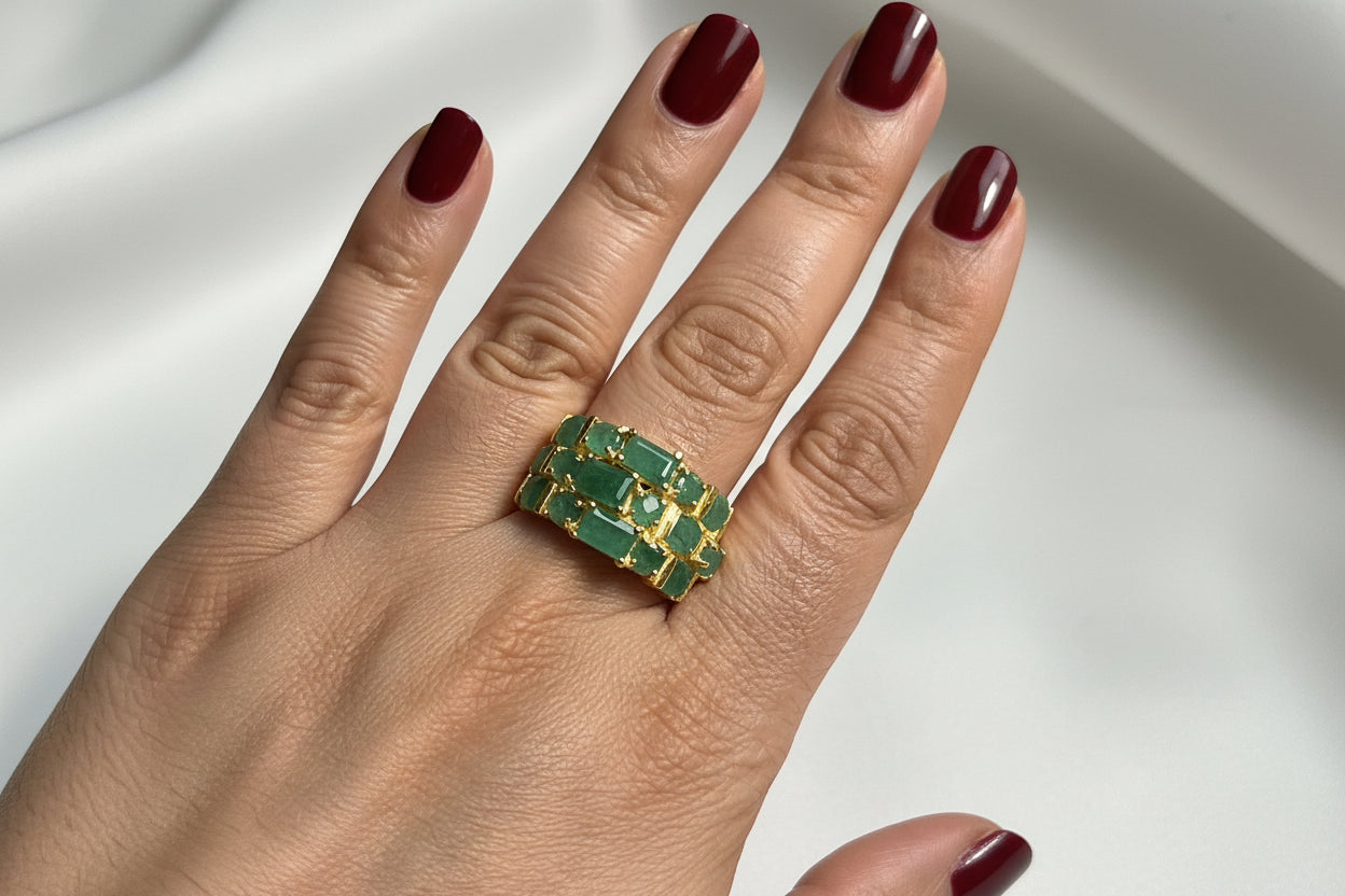 Natural Zambian Emerald Multi Row Ring