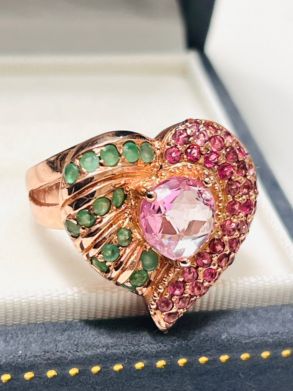 Handmade Heart Ring with Pink Tourmaline, Emerald & Ruby Accents
