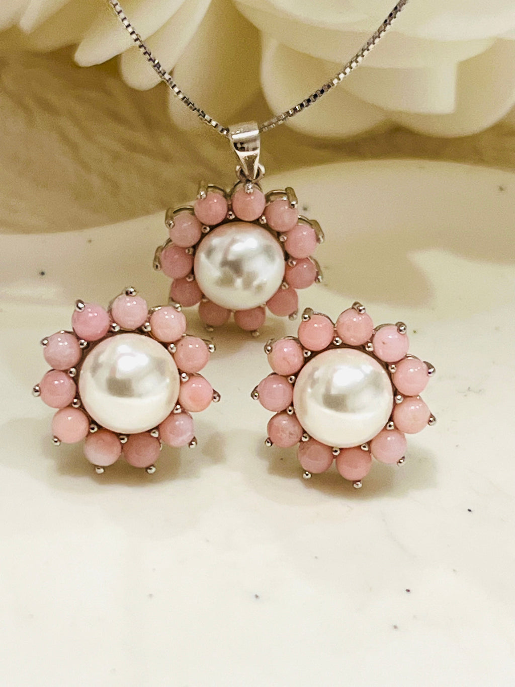 Handmade Natural Pink Opal and Pearl Jewelry Set