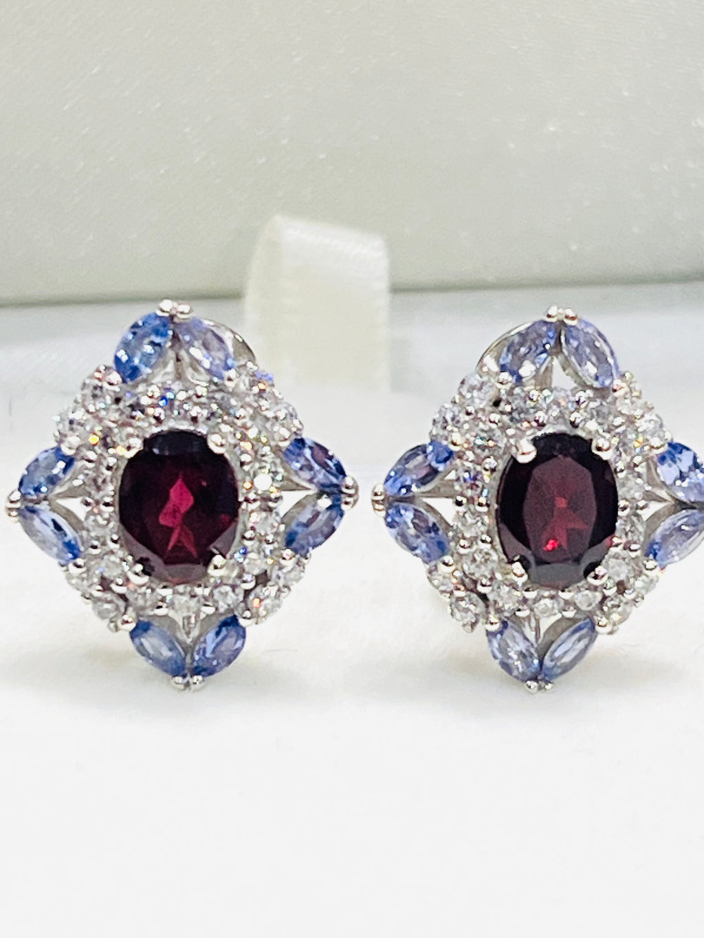 Handmade Natural Tanzanite and Garnet Omega Backs Earrings