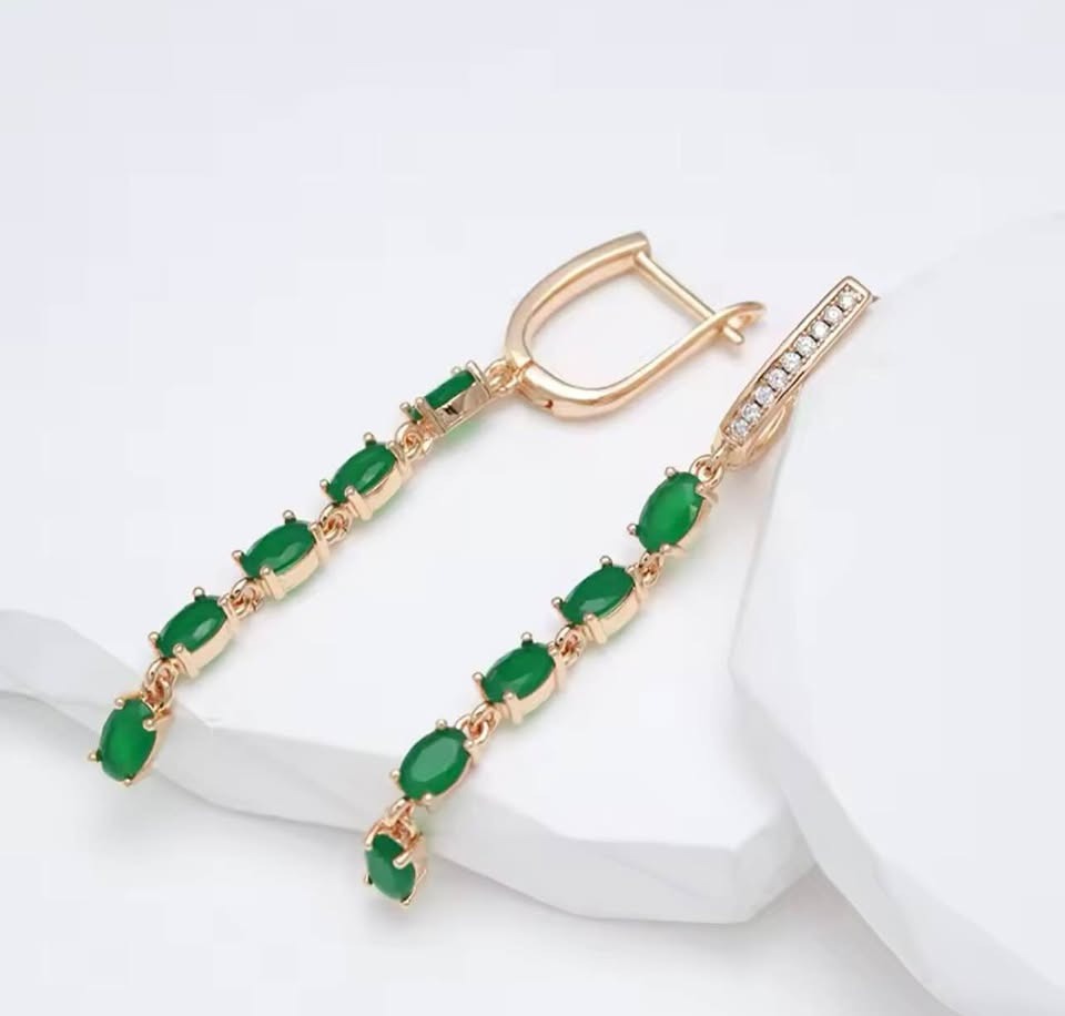 Stunning 14K 585RG long dangle earrings with a row of genuine emerald stones and a subtle diamond cluster.