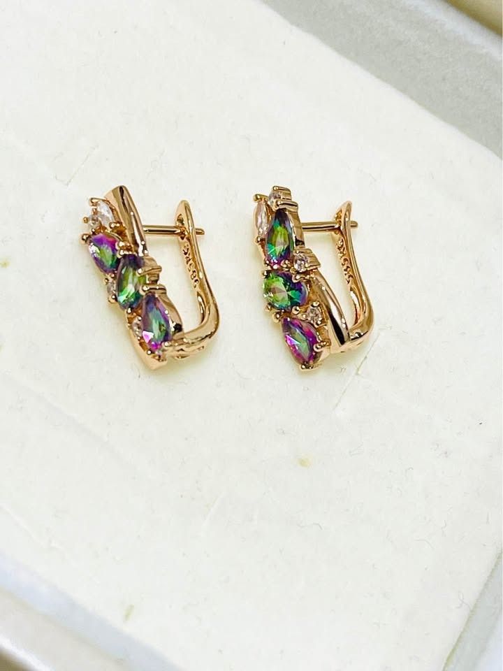 Side profile of elegant 14k 585RG stamped earrings featuring a vibrant, multi-colored mystic topaz gemstone design.