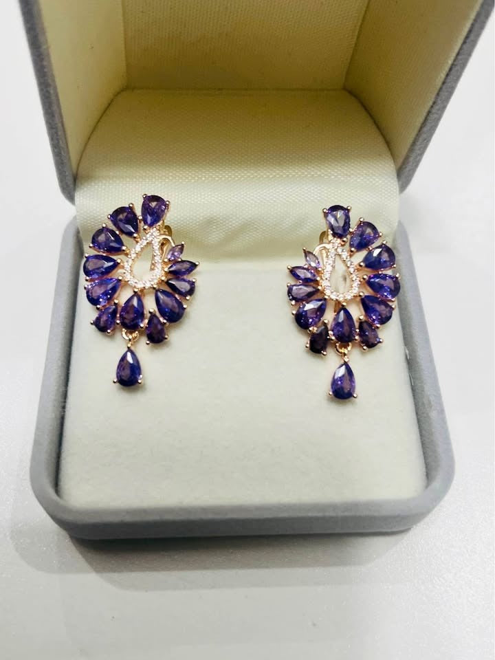 Pair of 14K gold-filled amethyst fancy earrings displayed beautifully in a gift box.