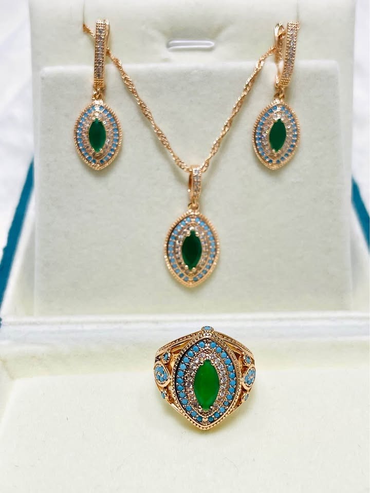 The complete 14K RG585 jewelry set: a ring, necklace, and earrings featuring striking emerald and turquoise stones.
