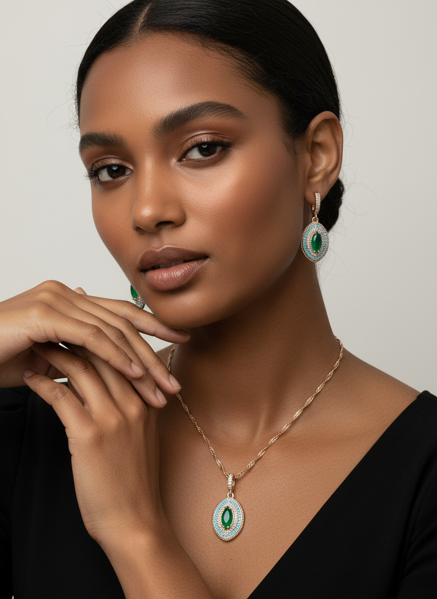 Ottoman-Style Emerald & Turquoise Jewelry Set | 14K Rolled Gold