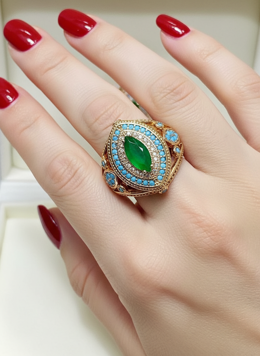 Ottoman-Style Emerald & Turquoise Jewelry Set | 14K Rolled Gold