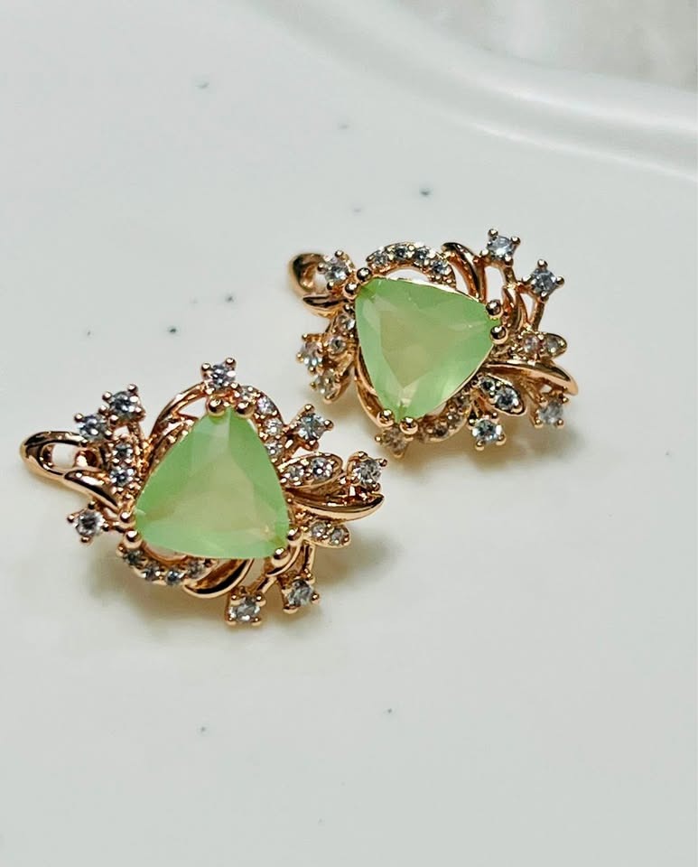 Trillion-cut green prehnite earrings, 14k rolled gold, delicate design with cubic zirconia accents, elegant jewelry.