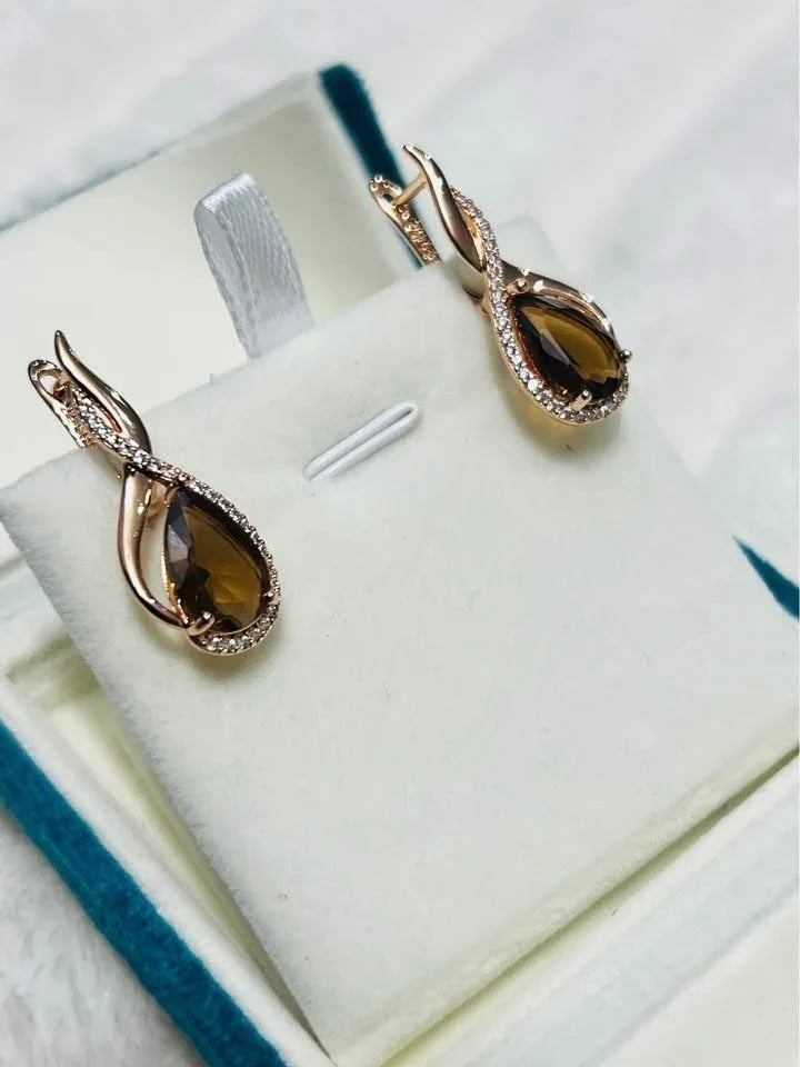 Pair of beautiful 14K gold-filled citrine earrings with a diamond halo, presented in a gift box.