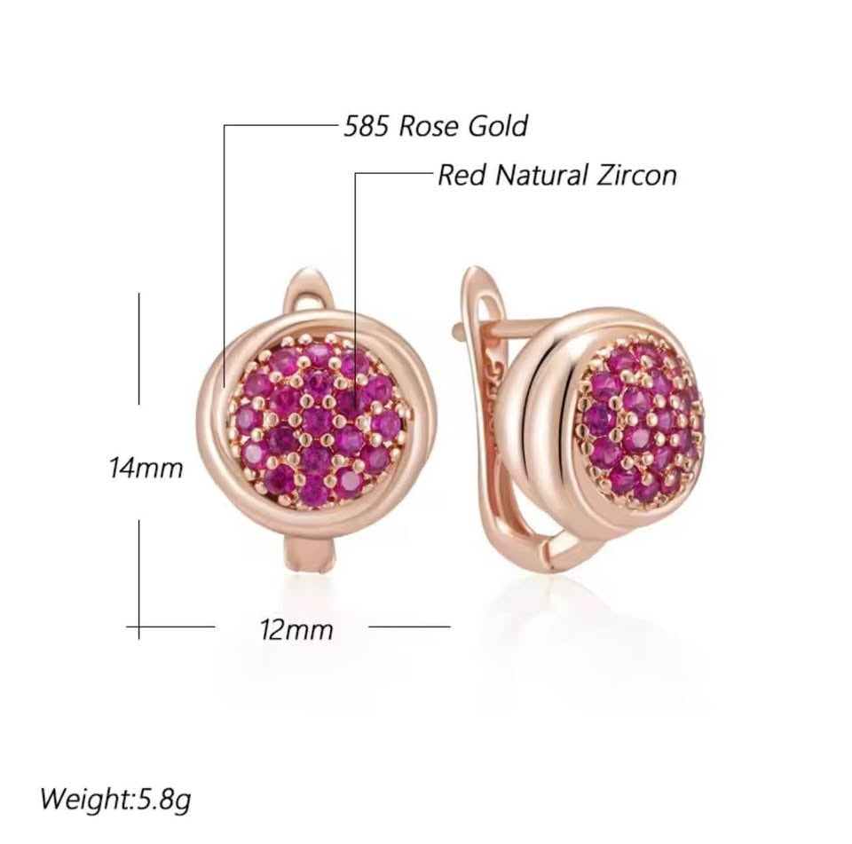 Diagram showing dimensions (14mm, 12mm) and materials (585 Rose Gold, Red Natural Zircon, 5.8g) of dainty pink earrings.