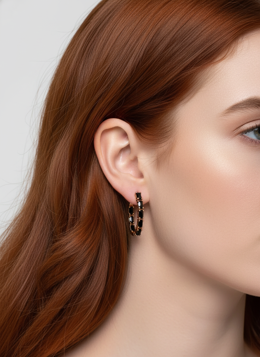 14k Rolled Gold Onyx Earrings Inside Out V-Hoop Earrings