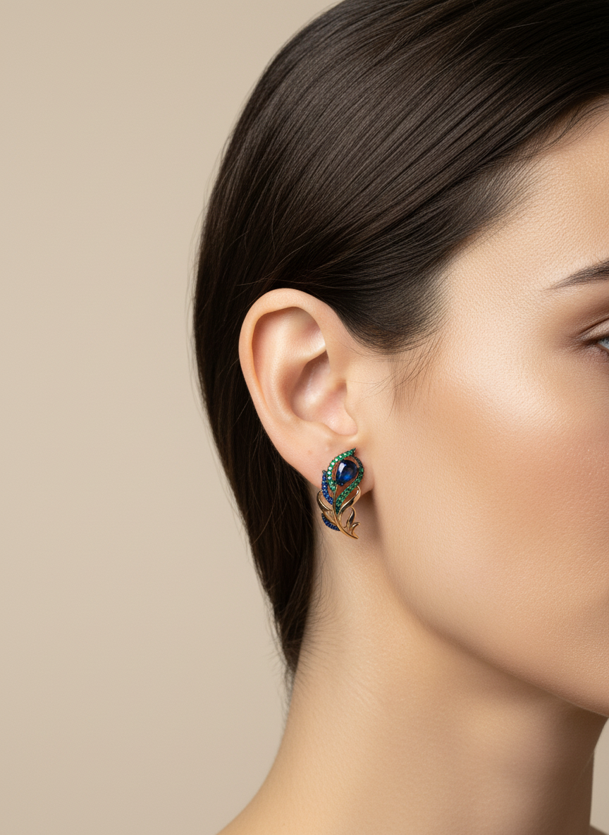 14k Rolled Gold Peacock Feather Earrings