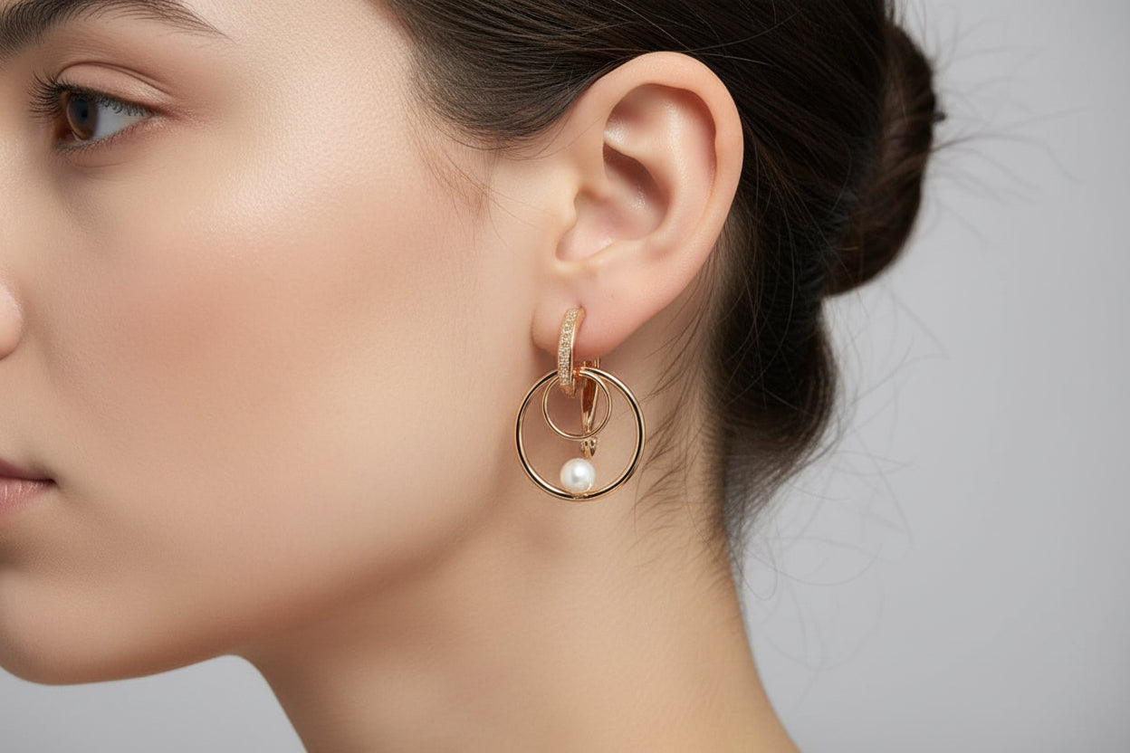 Elegant 14k gold filled double hoop and pearl earring worn on a black mannequin, showcasing style.