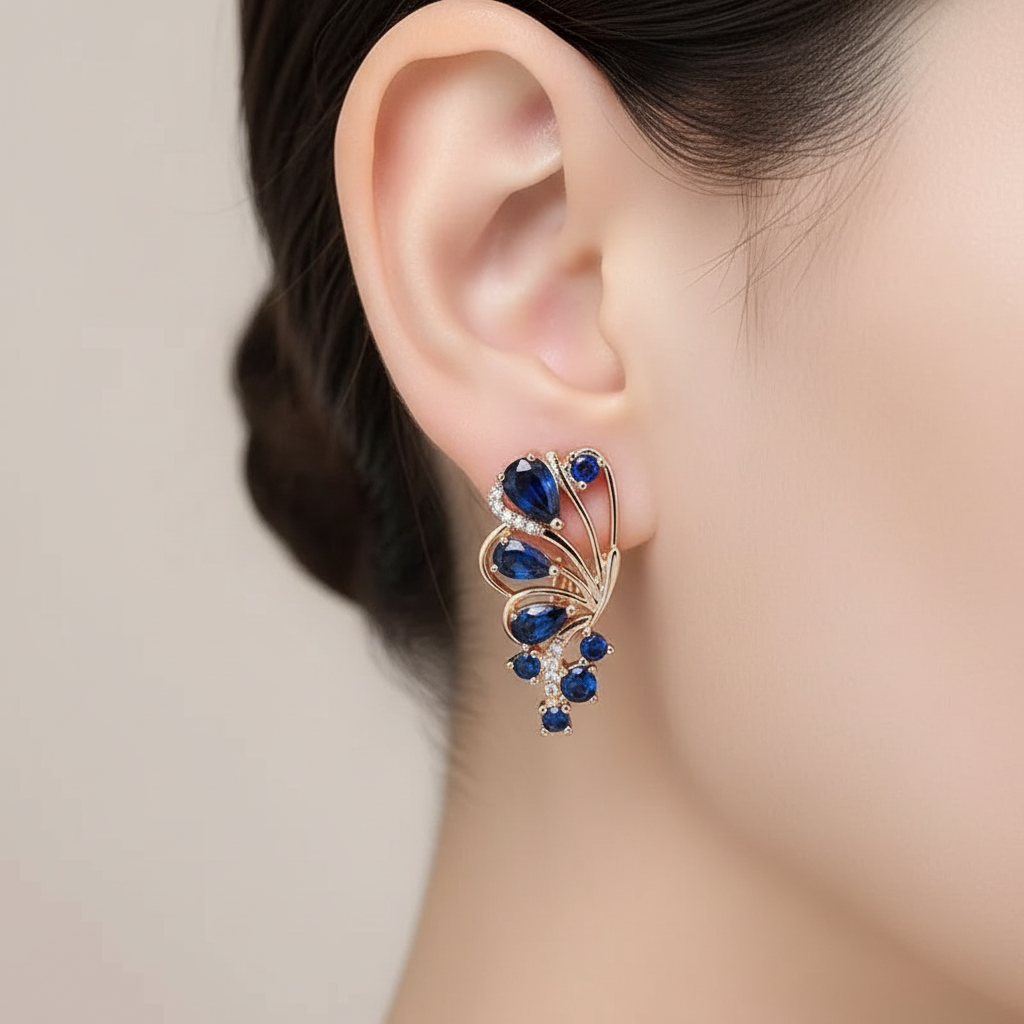 14K Rolled Gold Blue Butterfly Sapphire Earrings