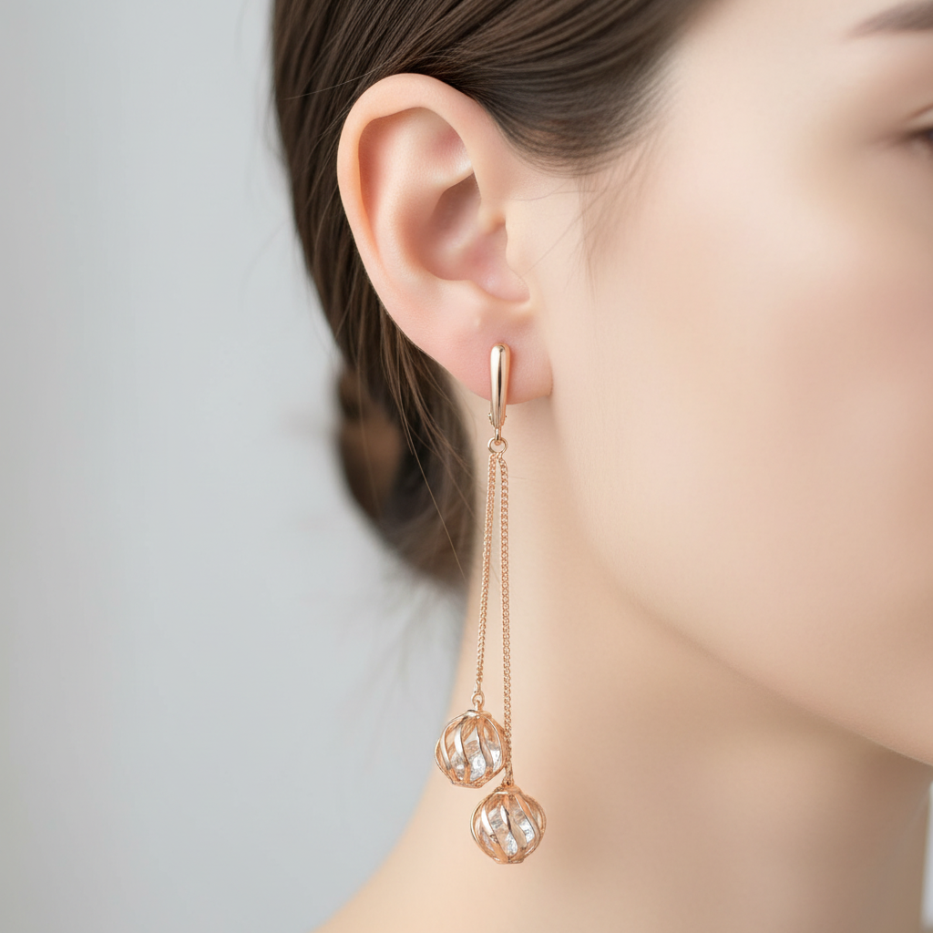 14k Rolled Gold Long Globe Zircon Shine Earrings