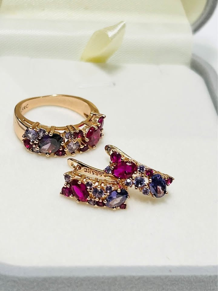 Dazzling 14K rose gold jewelry set, featuring a ring and earrings adorned with multicolor tourmaline gemstones in a box.
