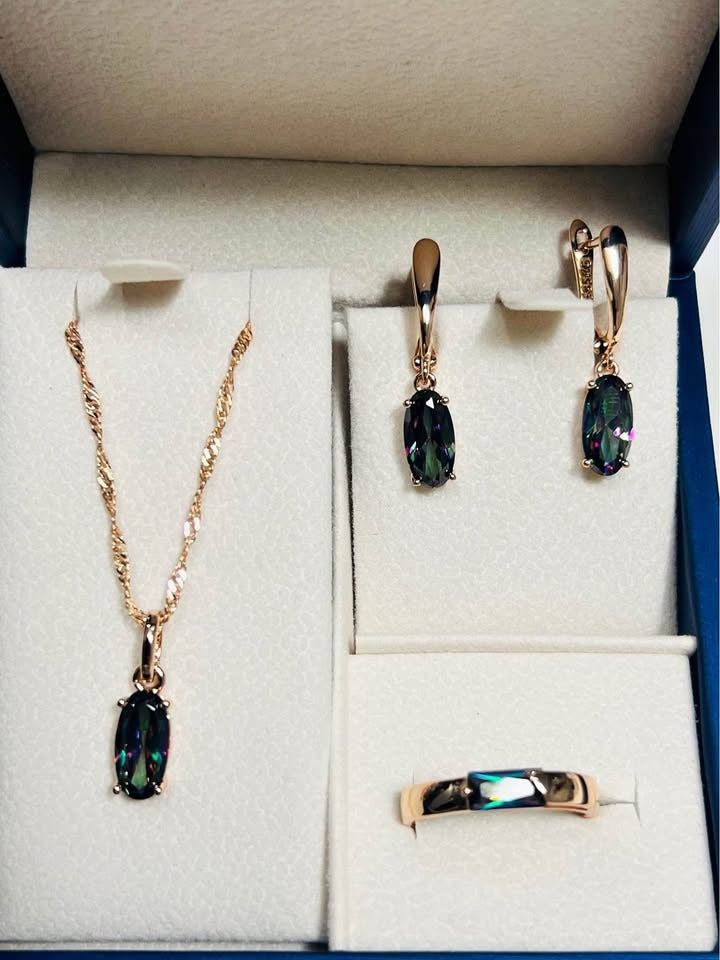 Complete 14k rose gold (585 stamped) jewelry set with oval mystic topaz: necklace, earrings, ring.