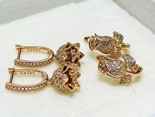 14K rose gold-plated floral earrings with cubic zirconia, stamped 585RG GF for authenticity.