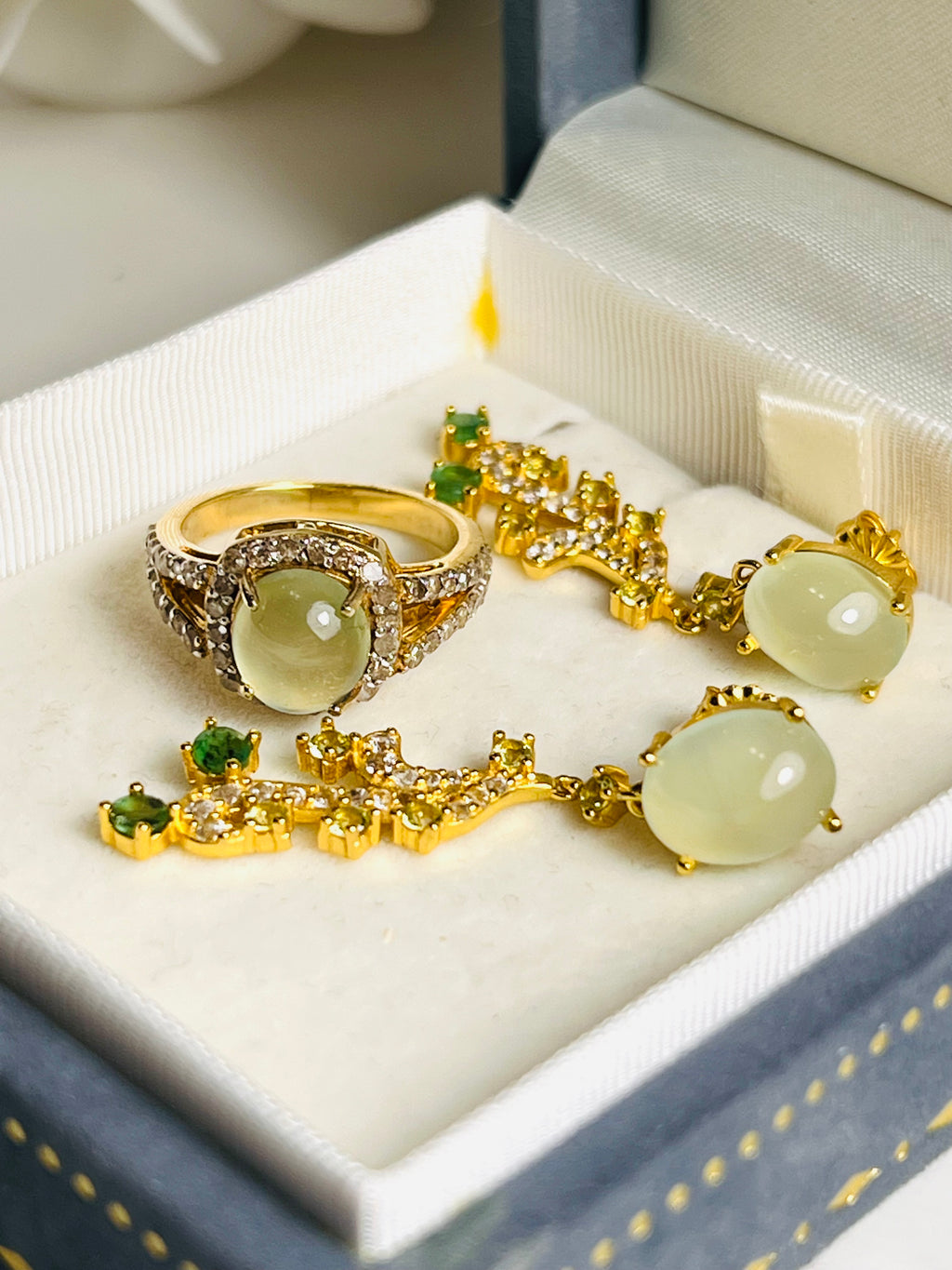 Handmade Prehnite and Natural Diamond & Emerald Ring and Earrings Set