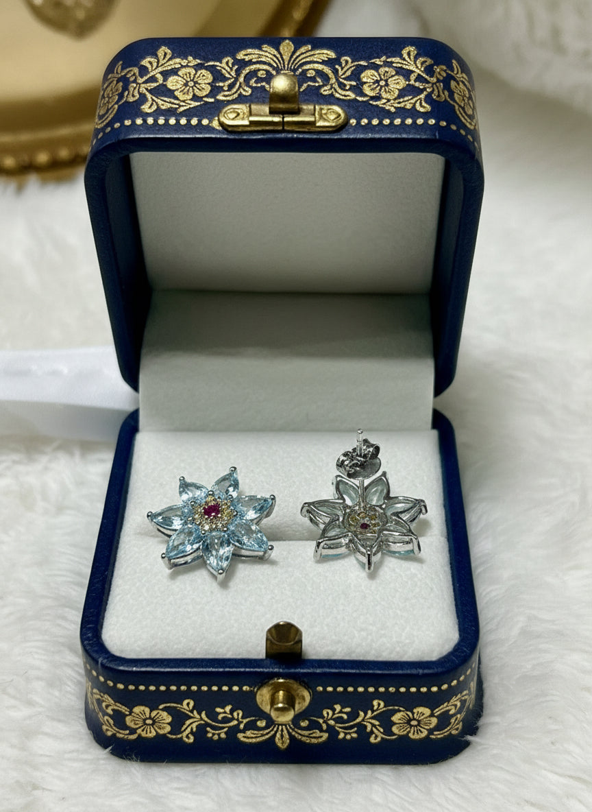 Handmade Aquamarine Diamond Snowflake Earrings in 14k Yellow Gold Vermeil 925 s